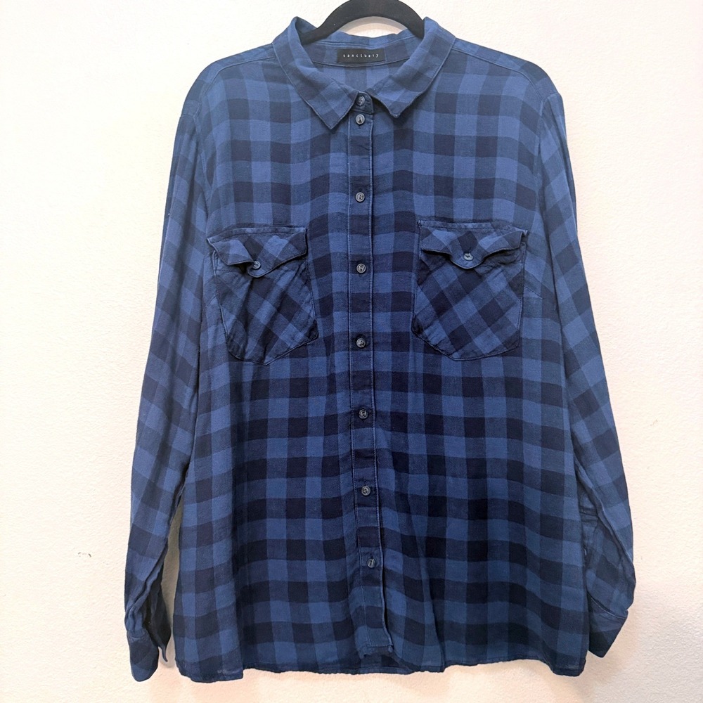 Women XL Button Down Shirt Blue Plaid Linen Blend COASTAL BREATHABLE LIGHTWEIGHT